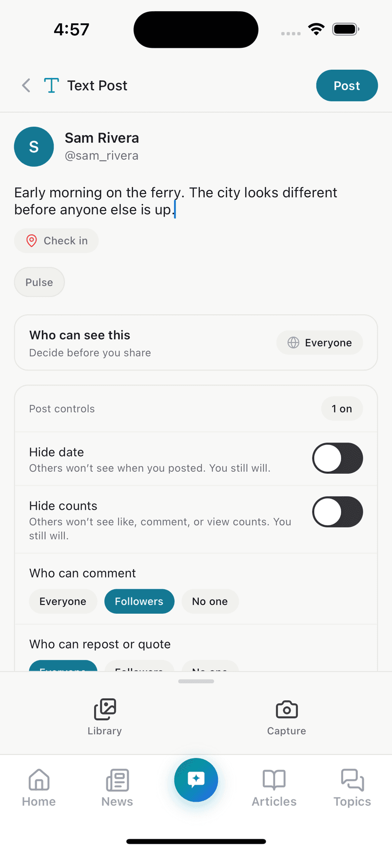 The TrueSay composer's Post controls: hide the date, hide counts, who can comment (everyone, followers or no one) with followers selected, and who can repost or quote.
